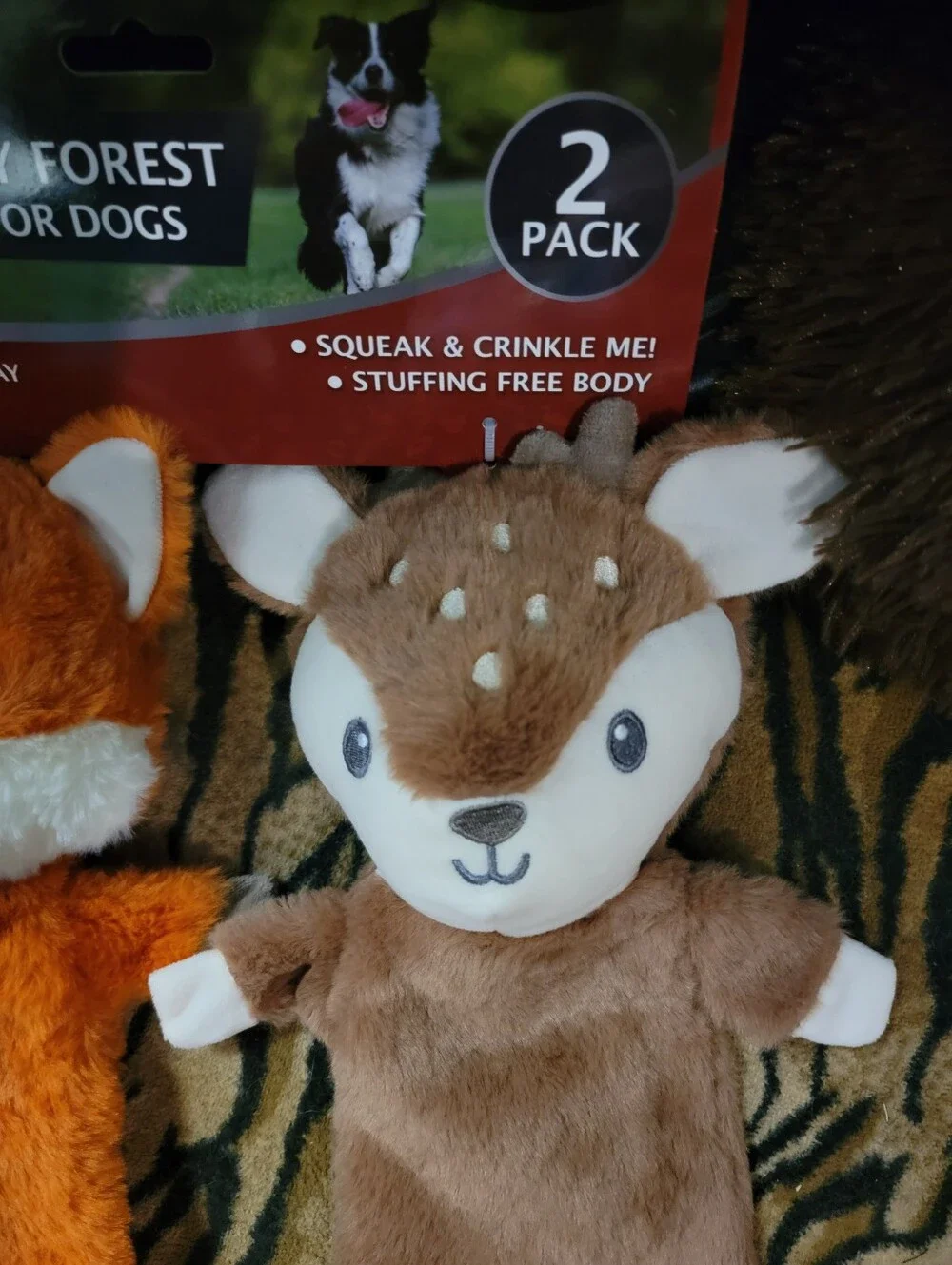 AKC Dog Fox And Deer Plush Fuzzy Forest Toy Crinkle And Squeak Large Ea. 2-Pack